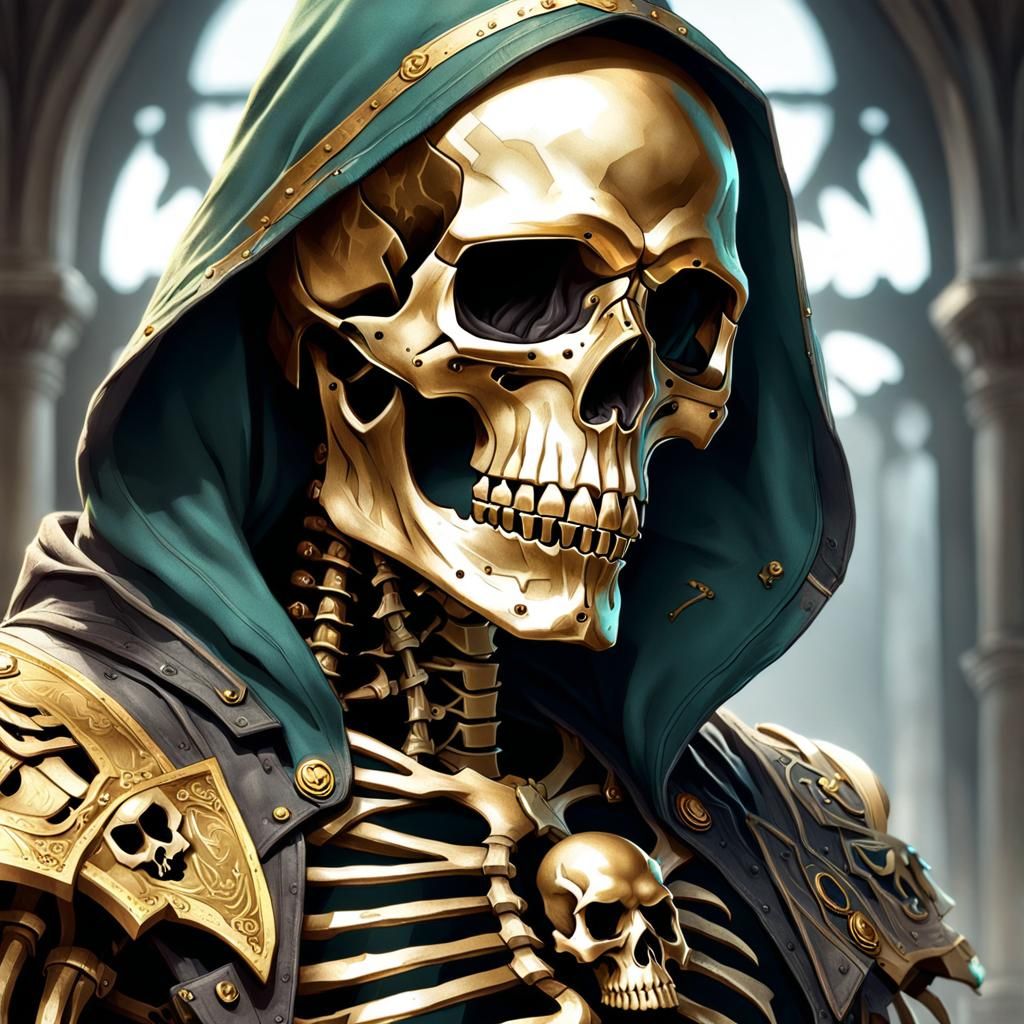 Golden Skull Rogue Portrait in Dark Fantasy Style