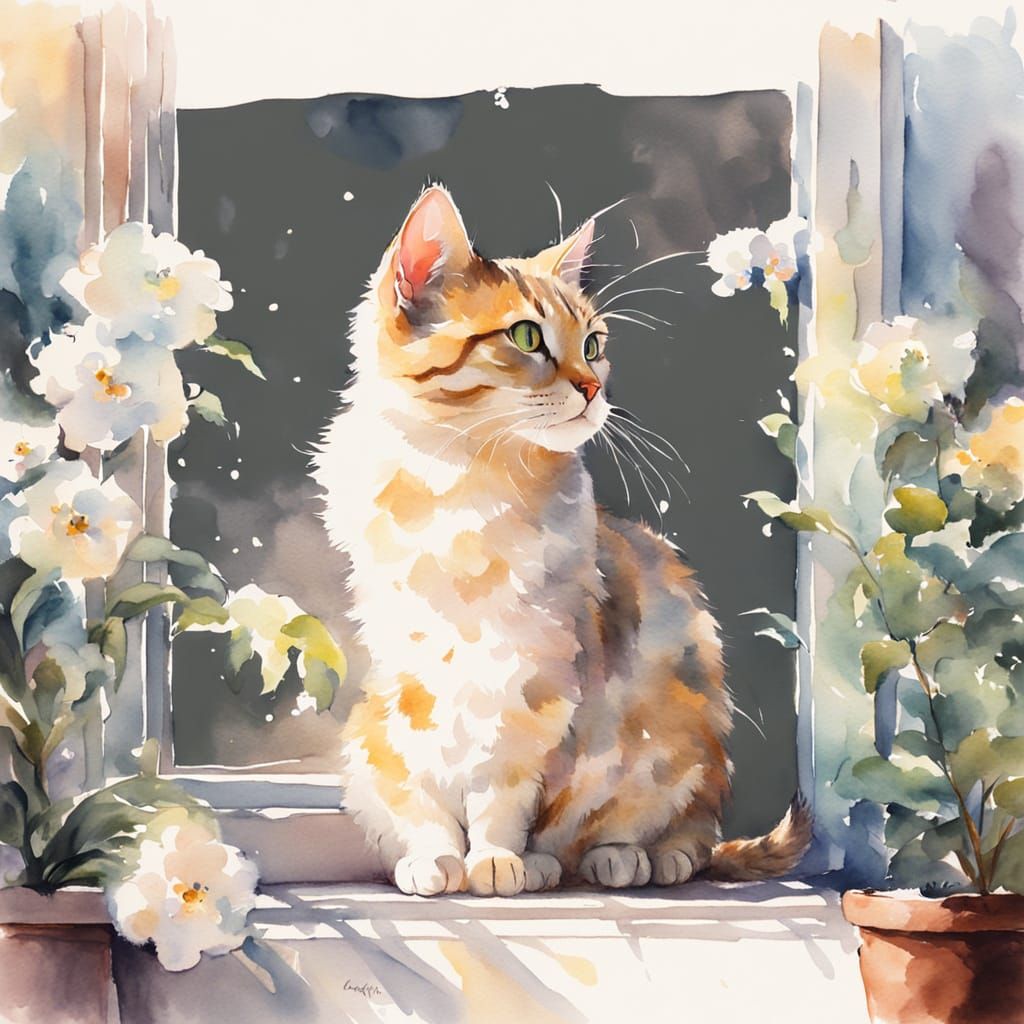 Whimsical Watercolor of a Kitty on a Windowsill