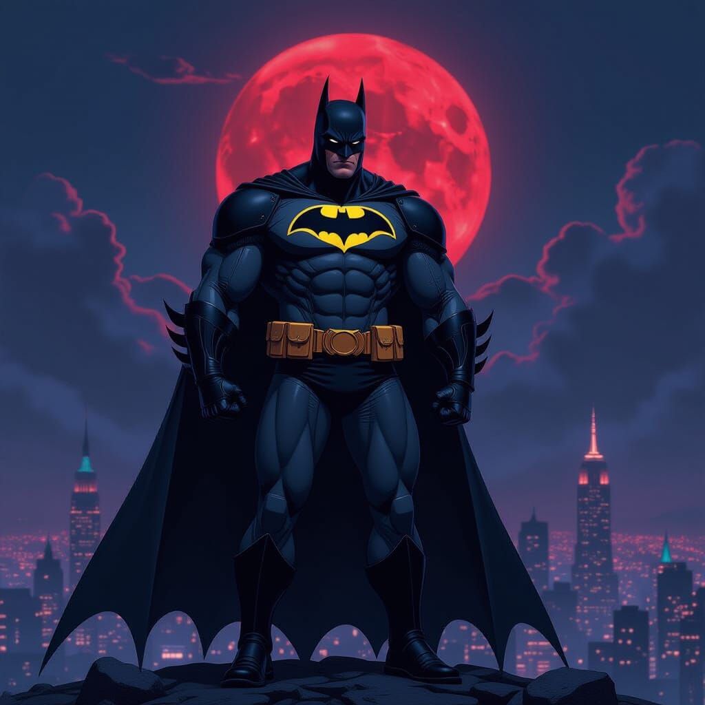 Batman Bodybuilder in Black Armor Under Crimson Moon