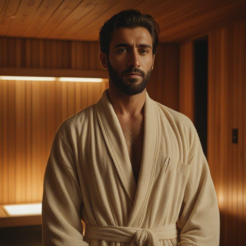 Cinematic Portrait of Man in Sauna with Velvet Robe