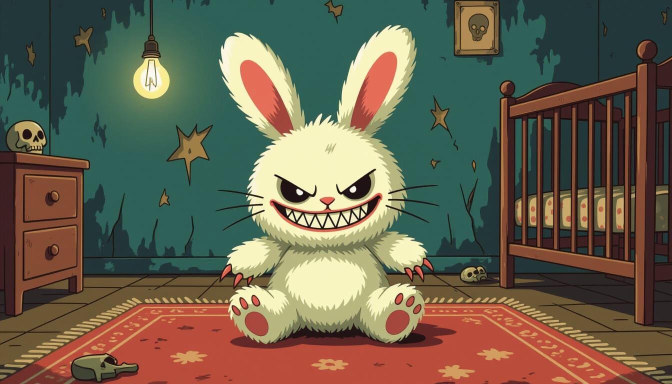 Menacing Bunny Plush Toy on Vintage Rug