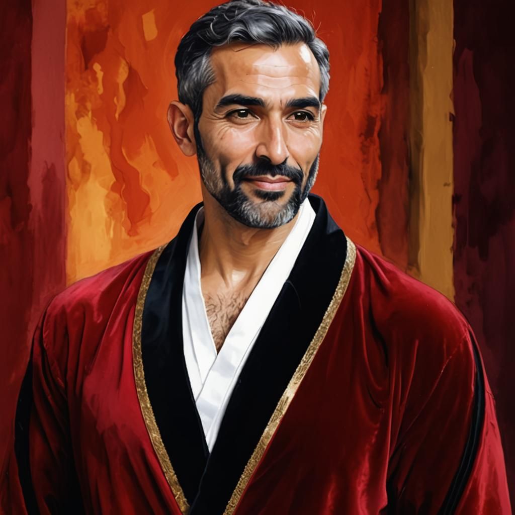 Attractive Man in Red Velvet Robe as Impasto Painting