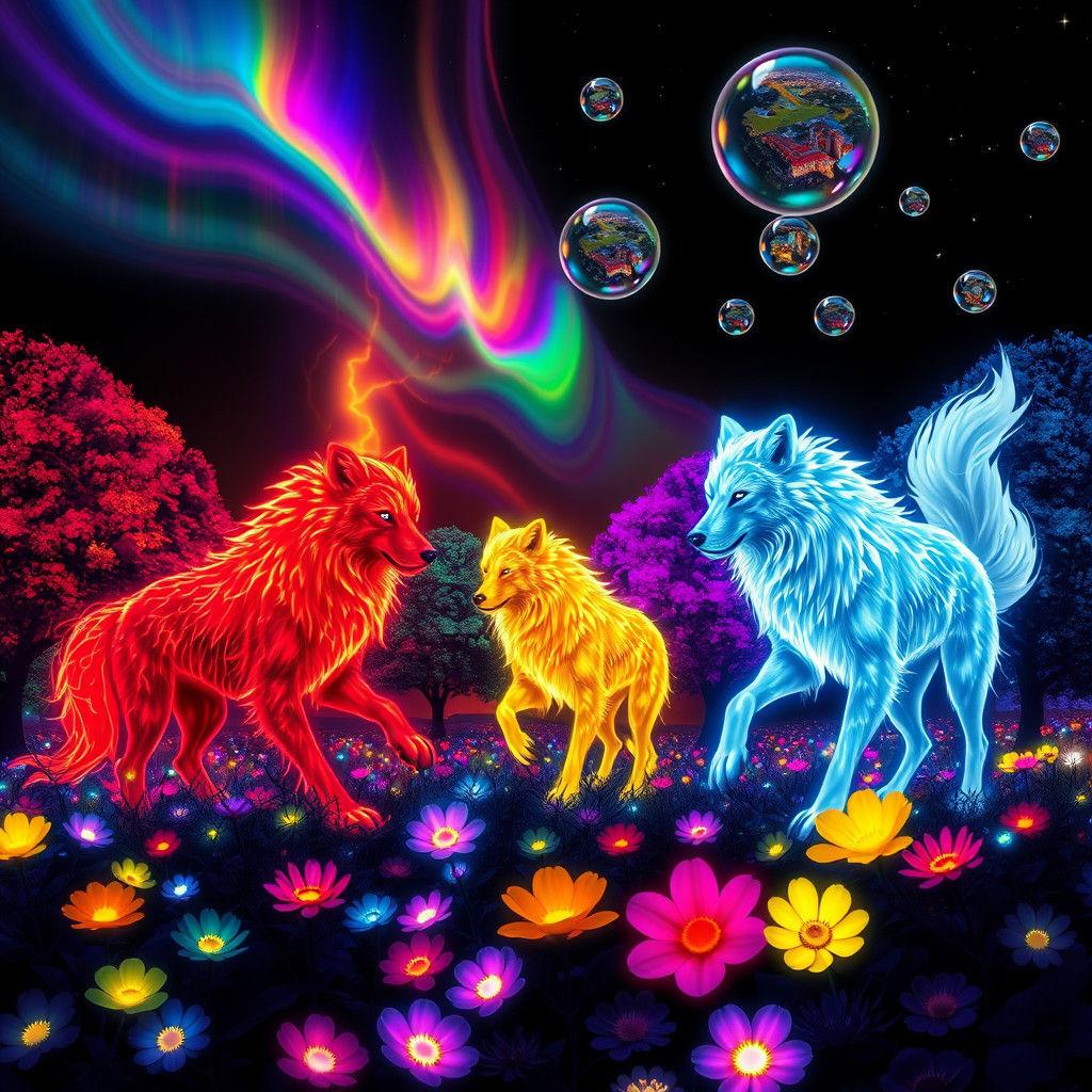 Fluorescent Dream Wolves in Bioluminescent Garden