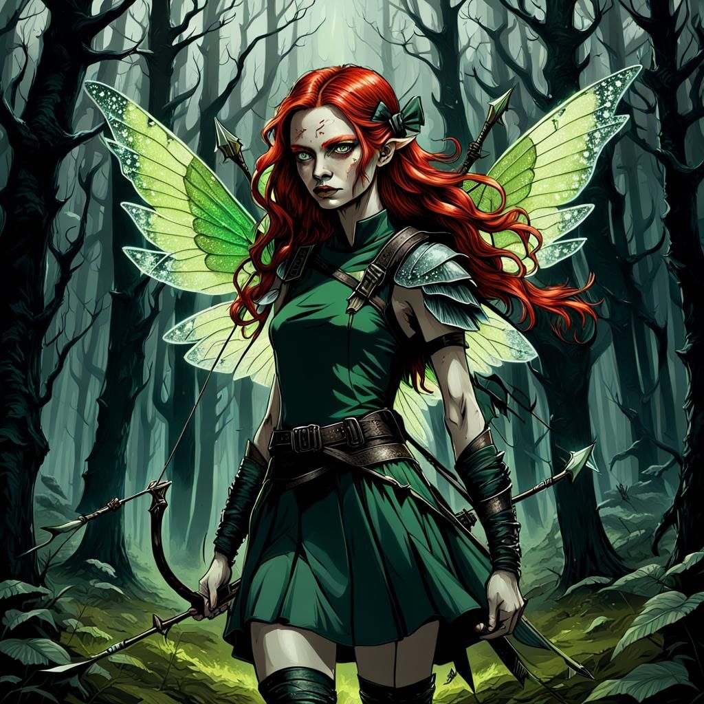 Red-Haired Fairy in Dark Forest, Charcoal Drawing