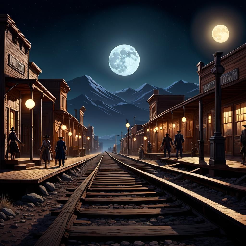 Tense Moonlit Western Scene with Mysterious Figures
