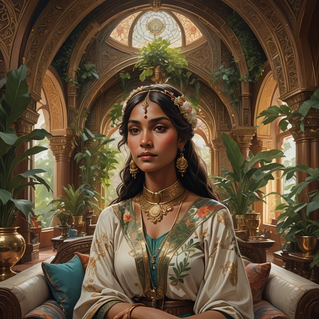 Indian Futurism Portrait in Cozy Green Living Room
