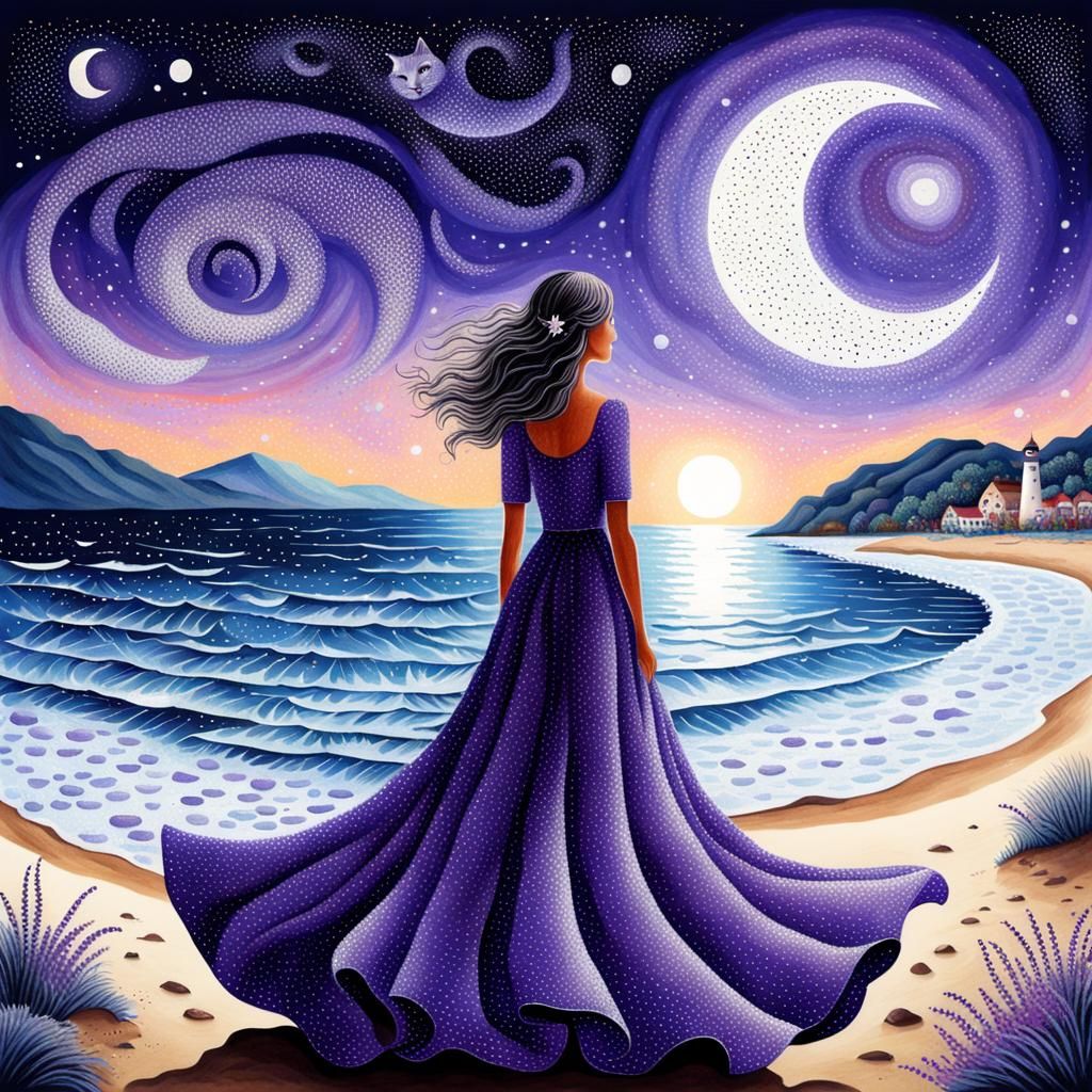 Pointillist Woman, Cat, and Starry Beach