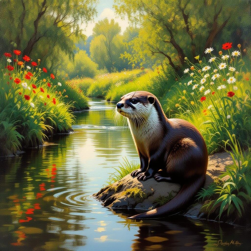 Golden Otter on a Lush Streambank in Impressionist Style