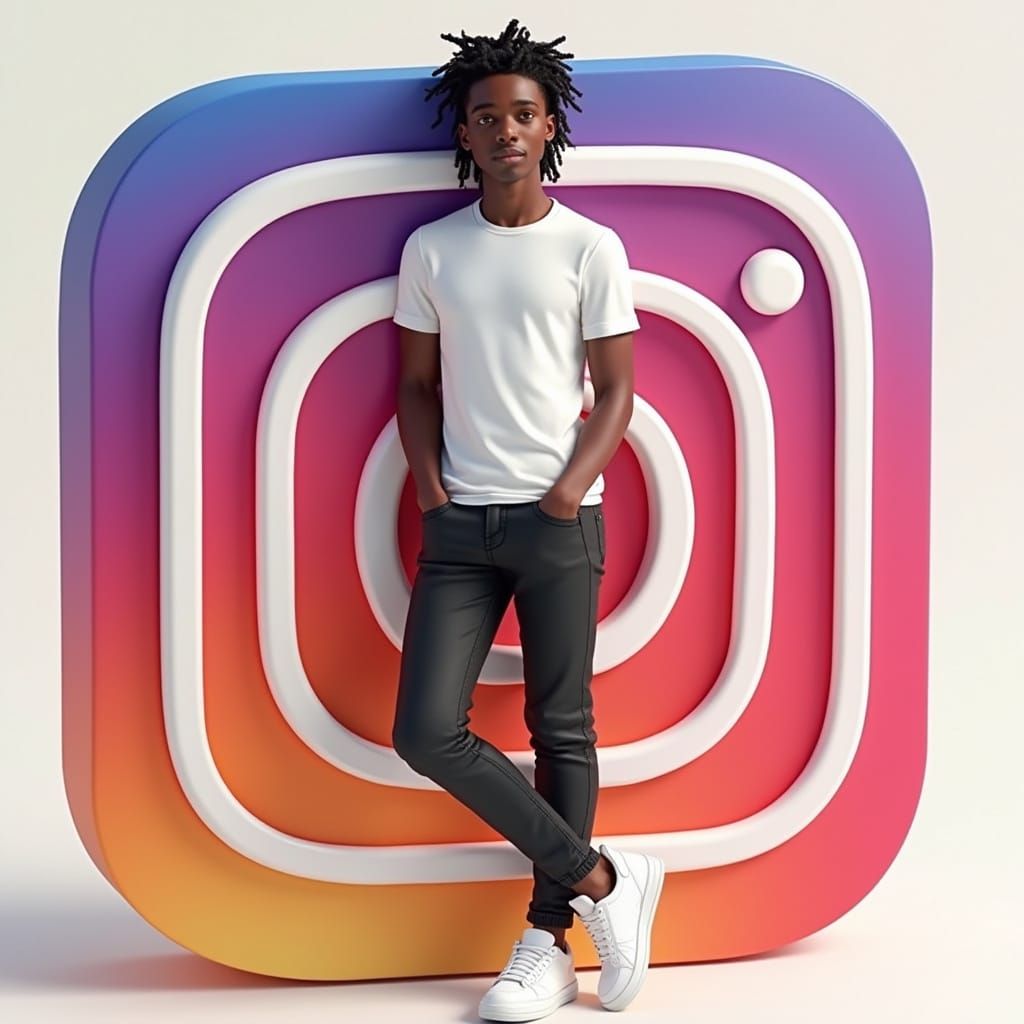Young Man Leaning on Instagram Logo in 3D