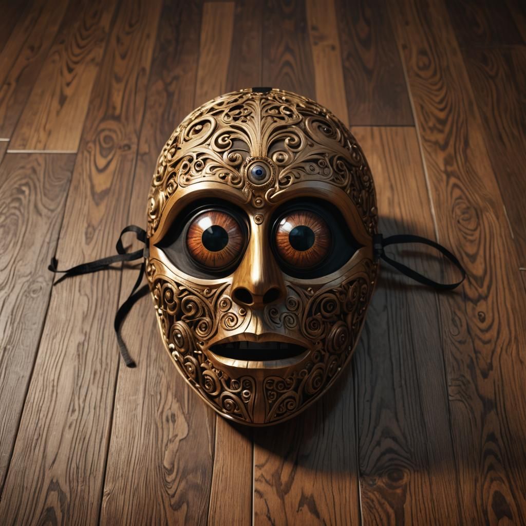 Detailed Wooden Mask with Eyeball on Floor