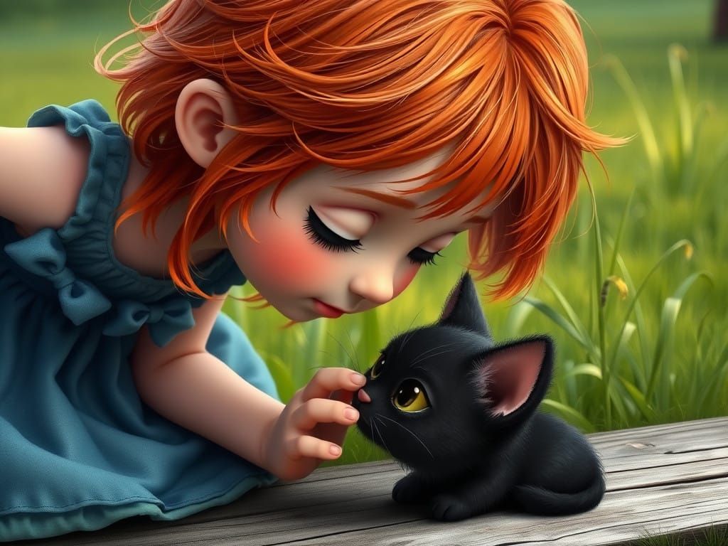 Rustic Airbrush Portrait of Girl and Cat in 4K