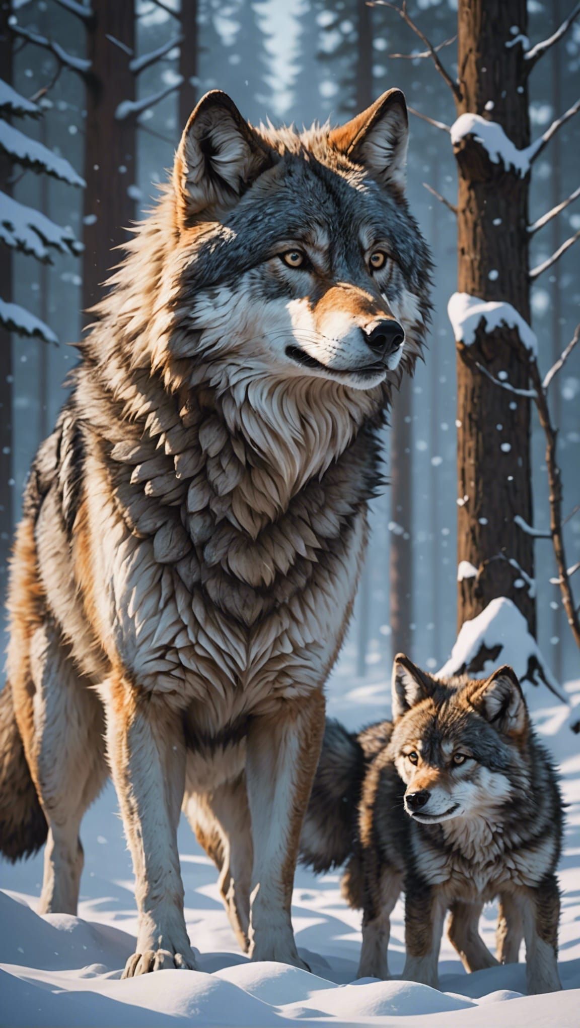 Wolf Mother Teaches Pup to Hunt in Snow