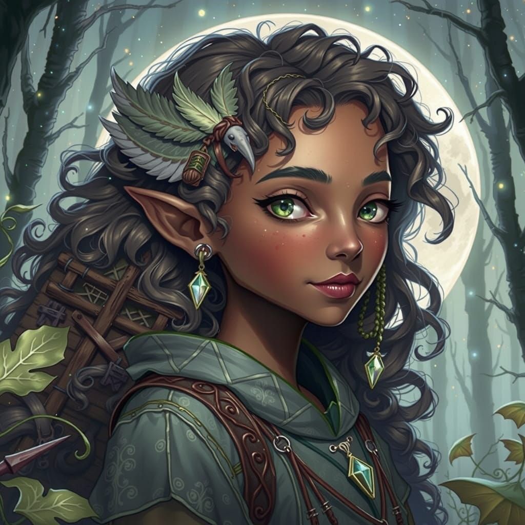 Mossy Green Kender Maiden Under Night Sky