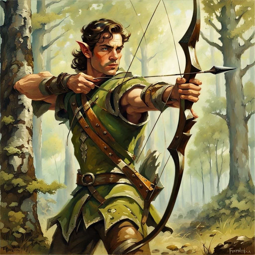 Elven Archer Hunting in Spring Forest, Fantasy Art