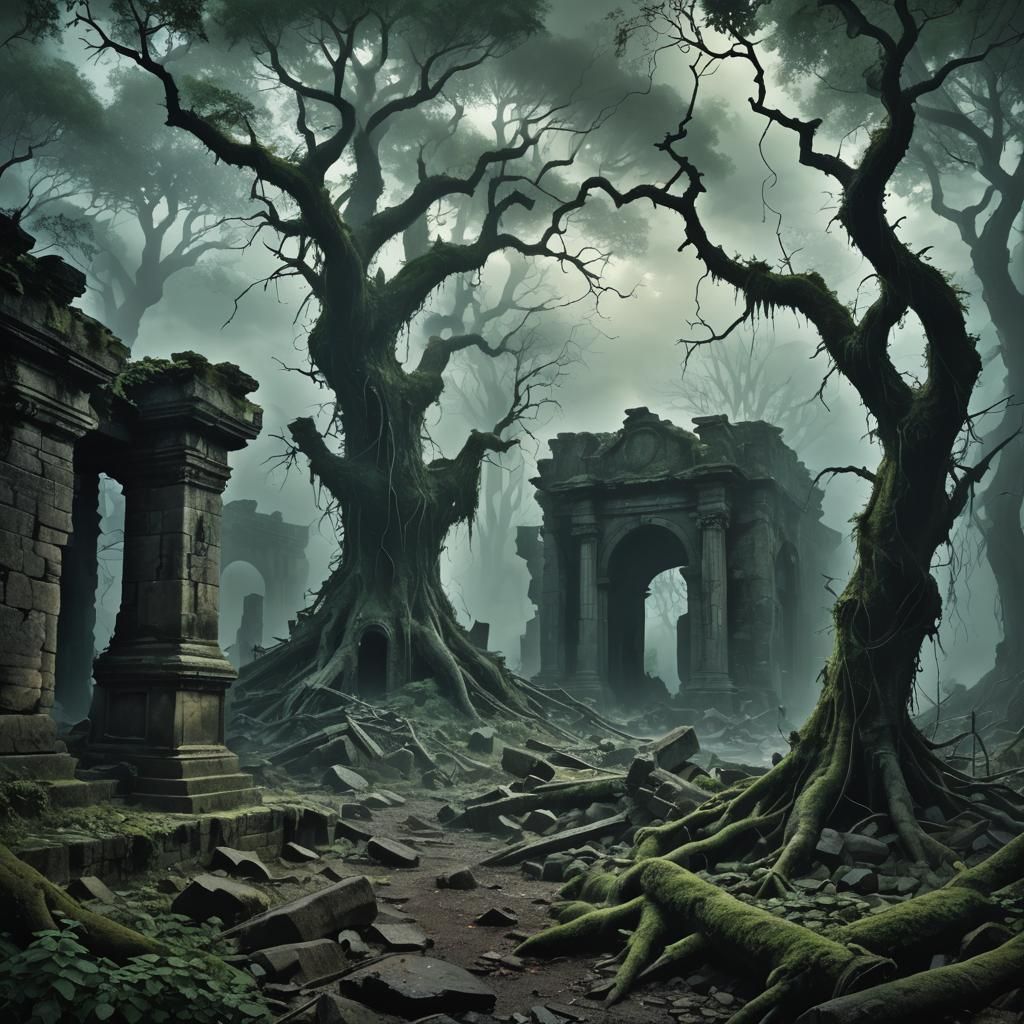 Eerie Ruins in Misty Woods: Dark Fantasy Art
