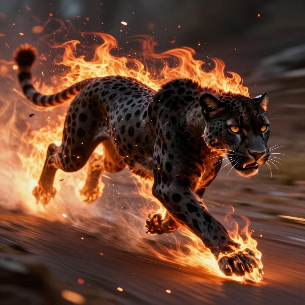 Black Cheetah Running with Hellfire Paws in Digital Art Styl...