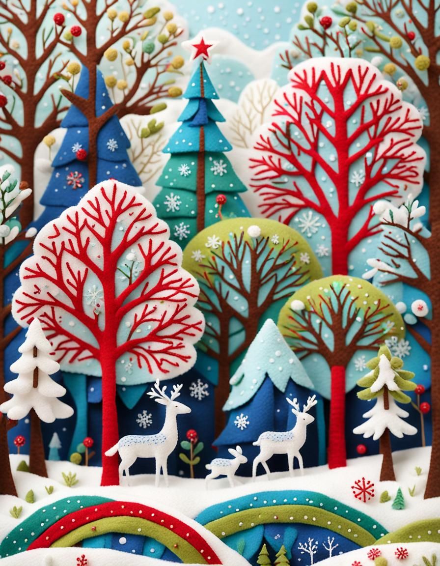 Whimsical Winter Forest Scene in Folk Art Style
