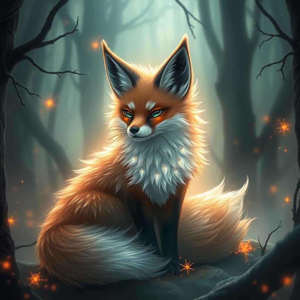 Nine-Tailed Fox Spirit in Mystical Forest