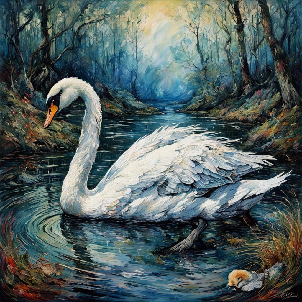 Ethereal Swan in Neo-Impressionist Oil Painting