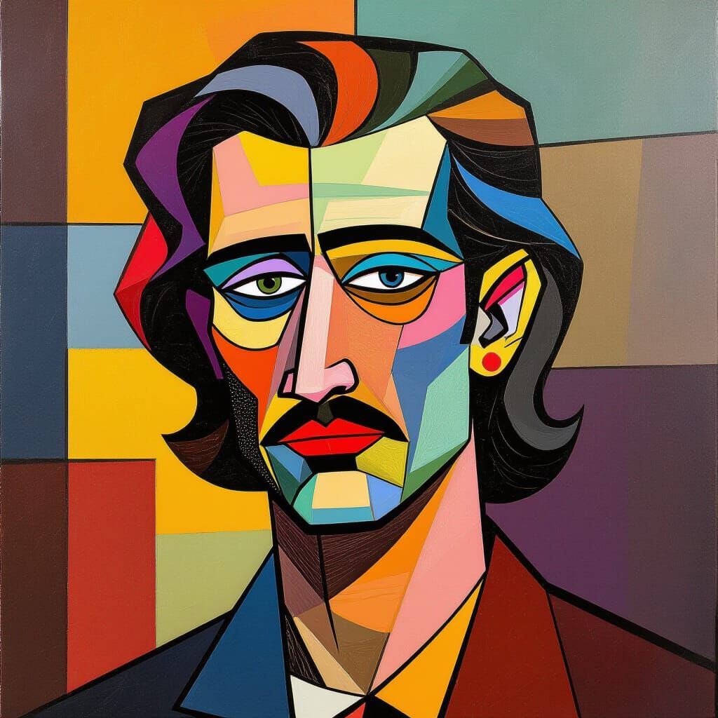 Geometric Cubist Painting with Art Deco Elements