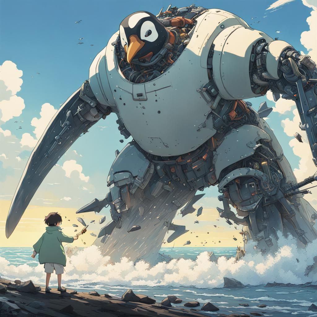 Giant Penguin vs Alien Robot in Anime Style