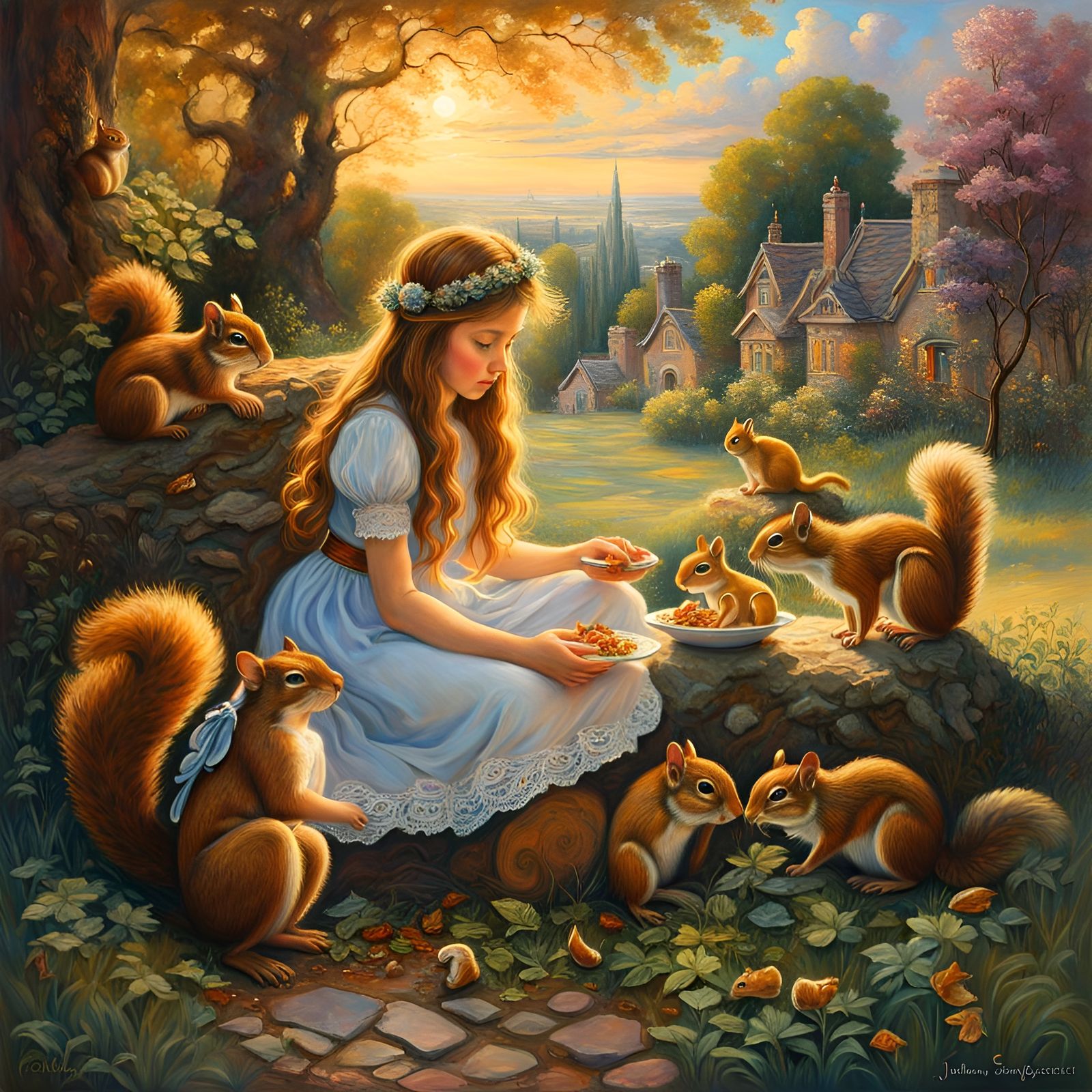 Girl Shares Lunch with Squirrels: Oil Painting