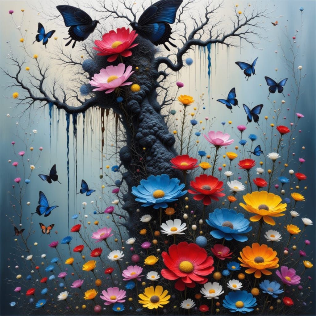 <lora:MJ7 Surreal Painting:1.0> millefiori glass Belgian Malinois atmospheric levitation emotionally-indexed topography ...