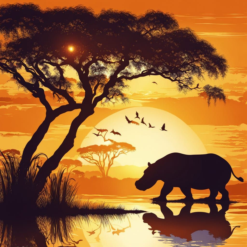 Hippopotamus Silhouette in African Savannah at Sunset