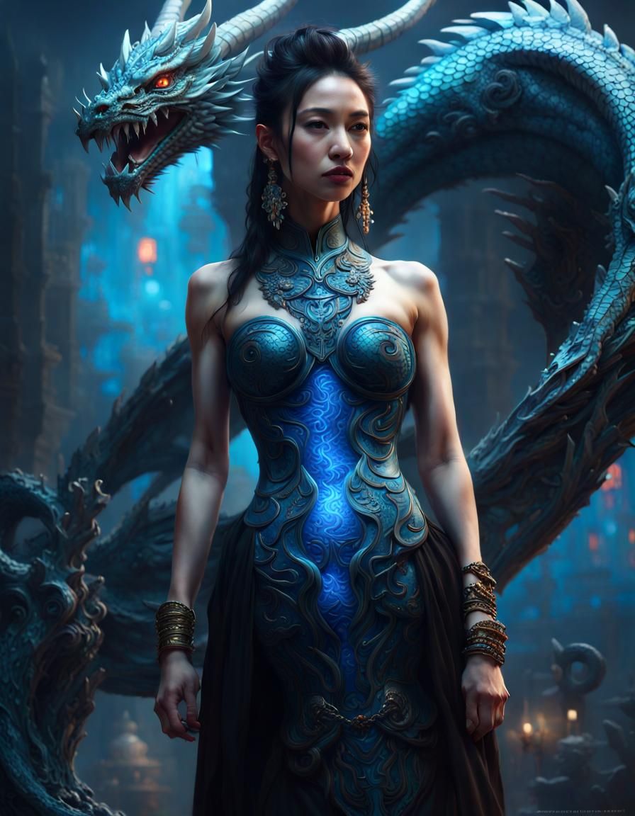 Fierce Blue Dragon Woman in Elaborate Dress