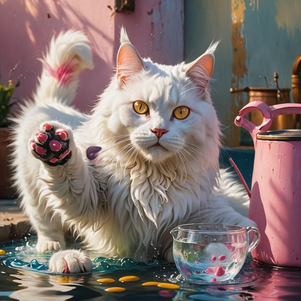 Fluffy Cat Emerges from Water Jug: Fantastical Oil Painting