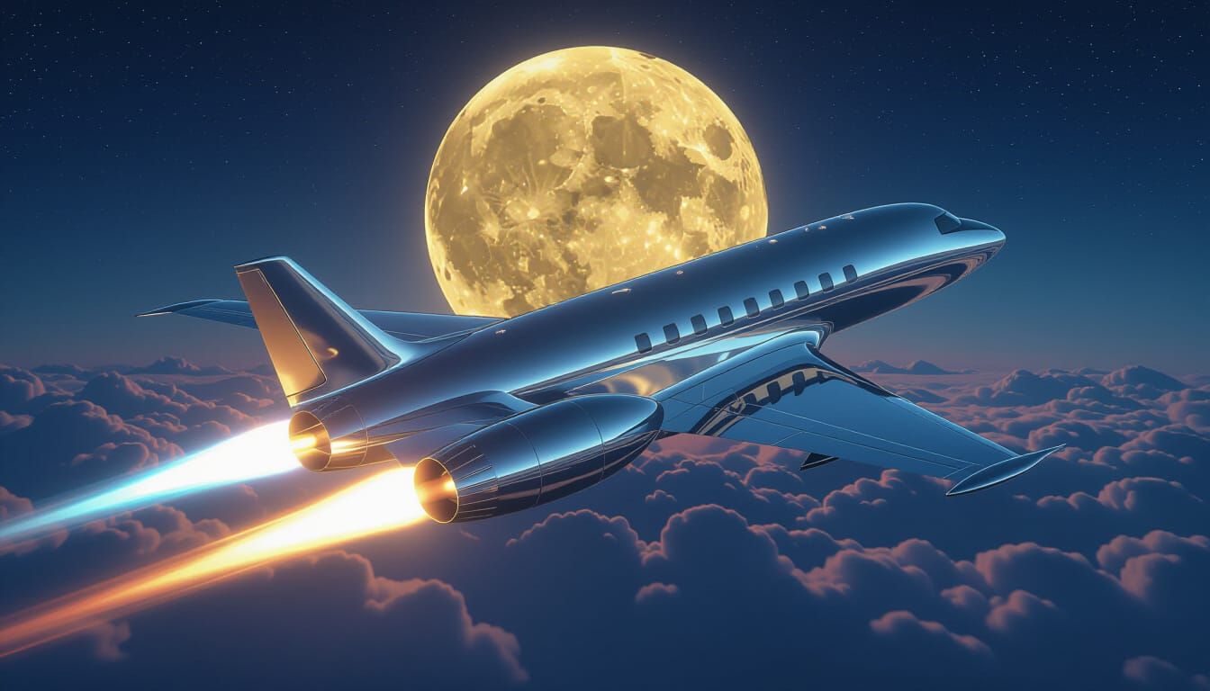 Art Deco Jet Plane Soars Past Golden Moon