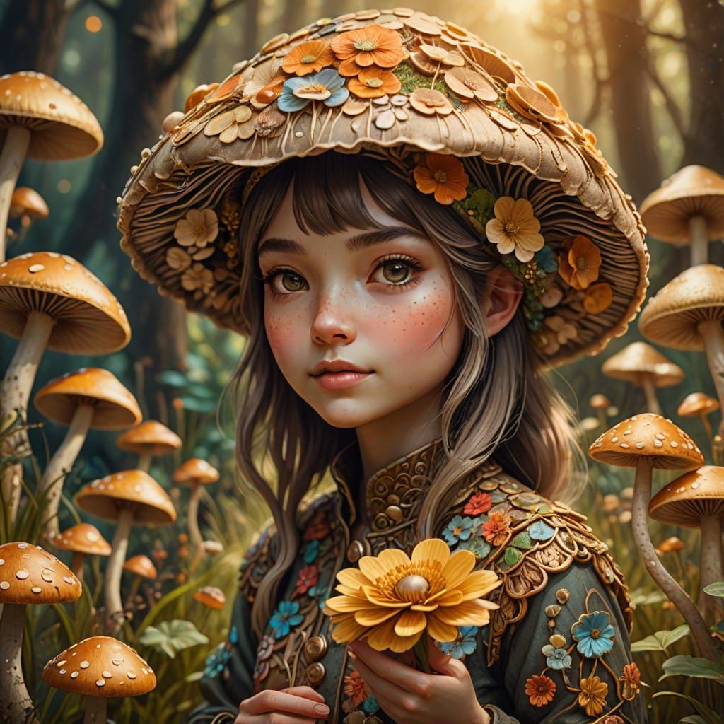 Whimsical Mushroom Girl Offers a Delicate Flower