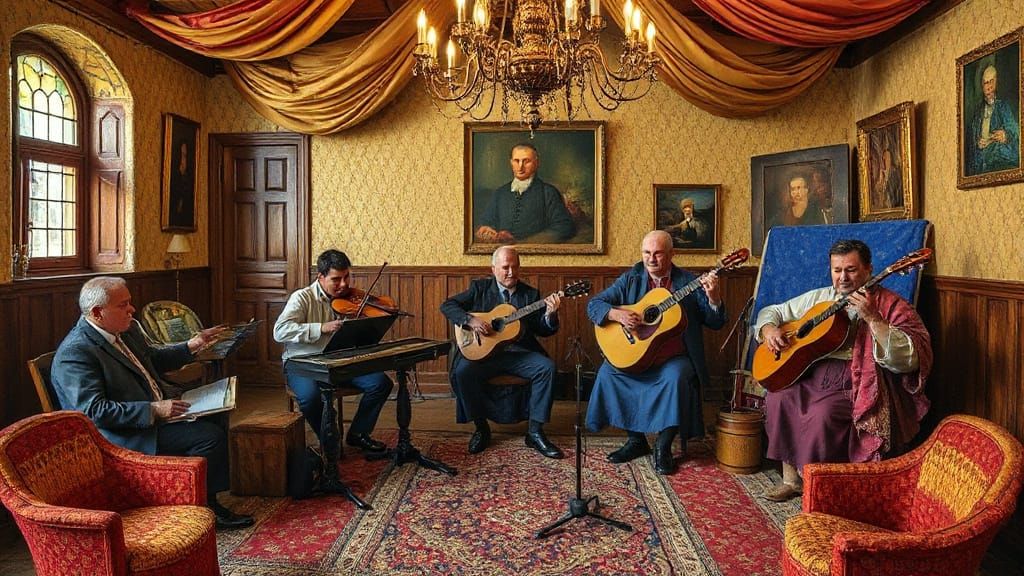 Turkish Musicians in Opulent Harem, Neo-Impressionist Style