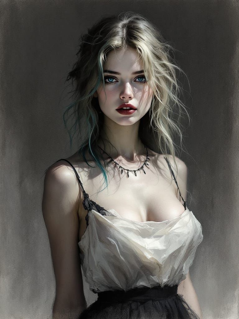 Gothic Romantic Pin Up with Turquoise Eyes in Monochrome