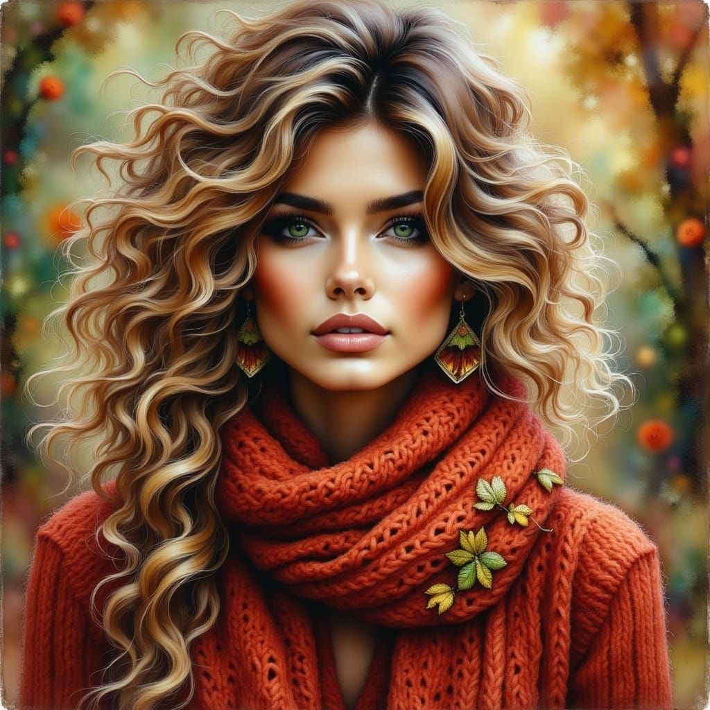 Enchanting Woman in Knitted Sweater, Matte Painting