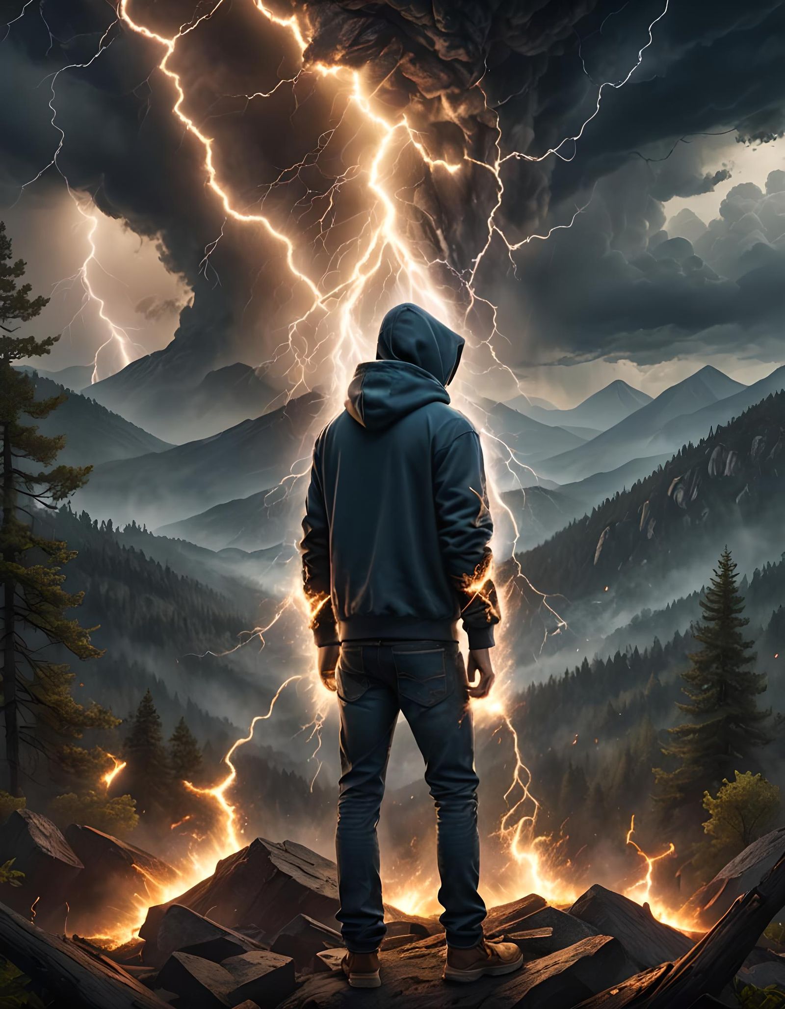 Man Holding Lightning in Smoldering Forest, Matte Painting