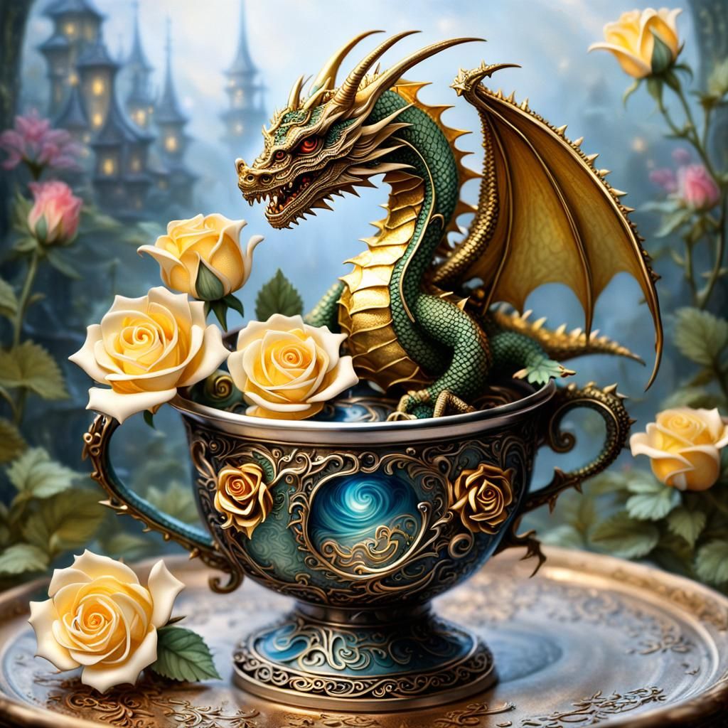 Mechanical Dragon in Oil Cup, Ethereal Fantasy Art