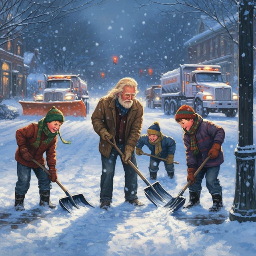 Boys Help Man Shovel Snow in Americana Style