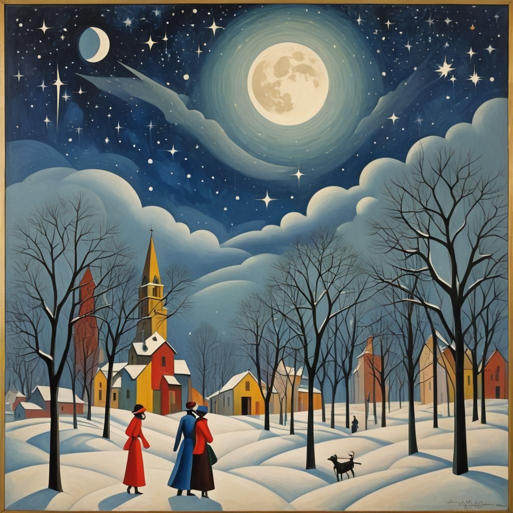 Starry Winter Night in Abstract Cubism Style