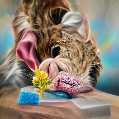Tabby Cat Smelling Flower in Hyperrealism