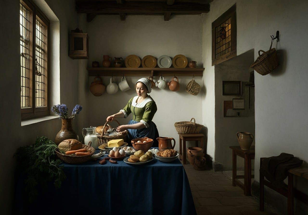 Baroque Maid with Groceries in 17th Century Room