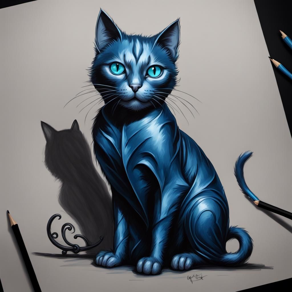 Cute Gothic Metal Cat Drawing on Black Satin