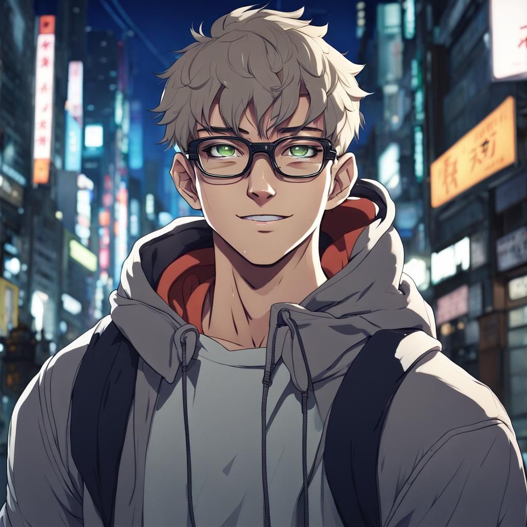 beautiful muscular twink boy, stunning eyesight, wearing hoodies, adorable, round frame glasses, in tokyo urban night ci...