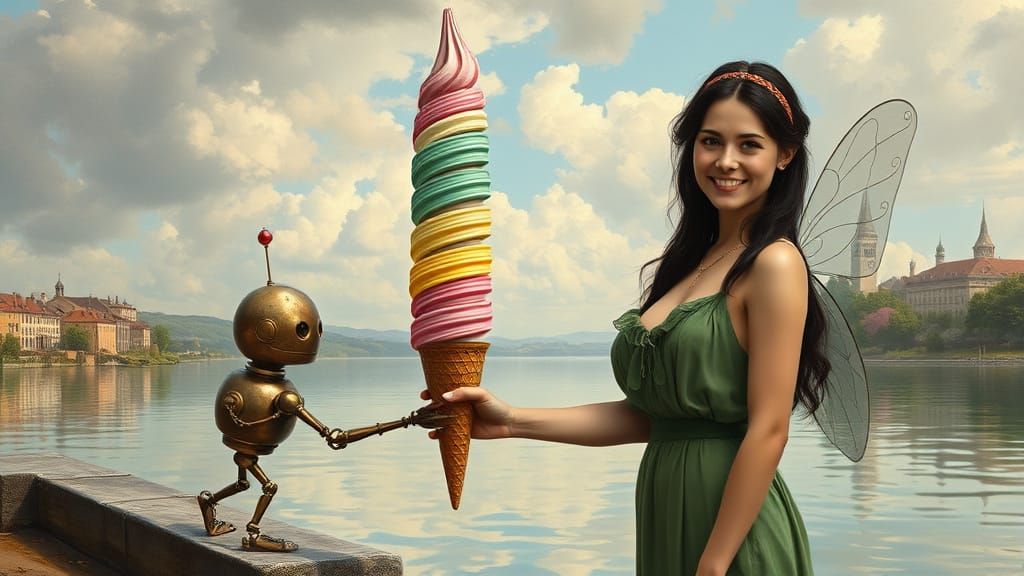 Victorian Fairy Receives Ice Cream from Robot