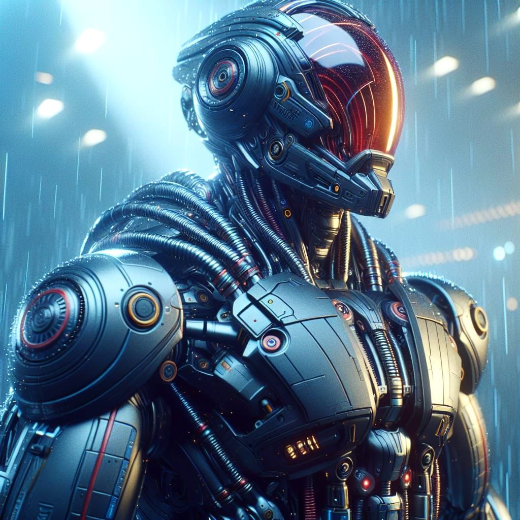 High-Tech Humanoid with Displacing Helmet: Cinematic Film St...