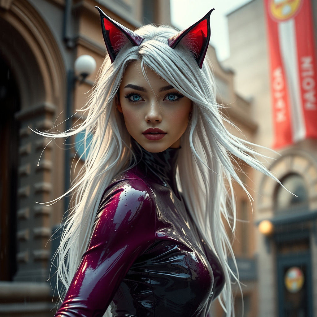 Hyperrealistic Woman Dancing in Frankfurt Rain