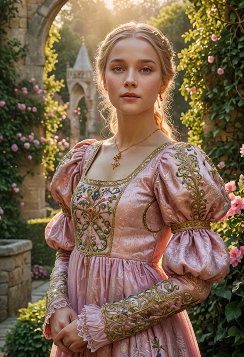 Medieval Princess in Luxurious Garden, Digital Art