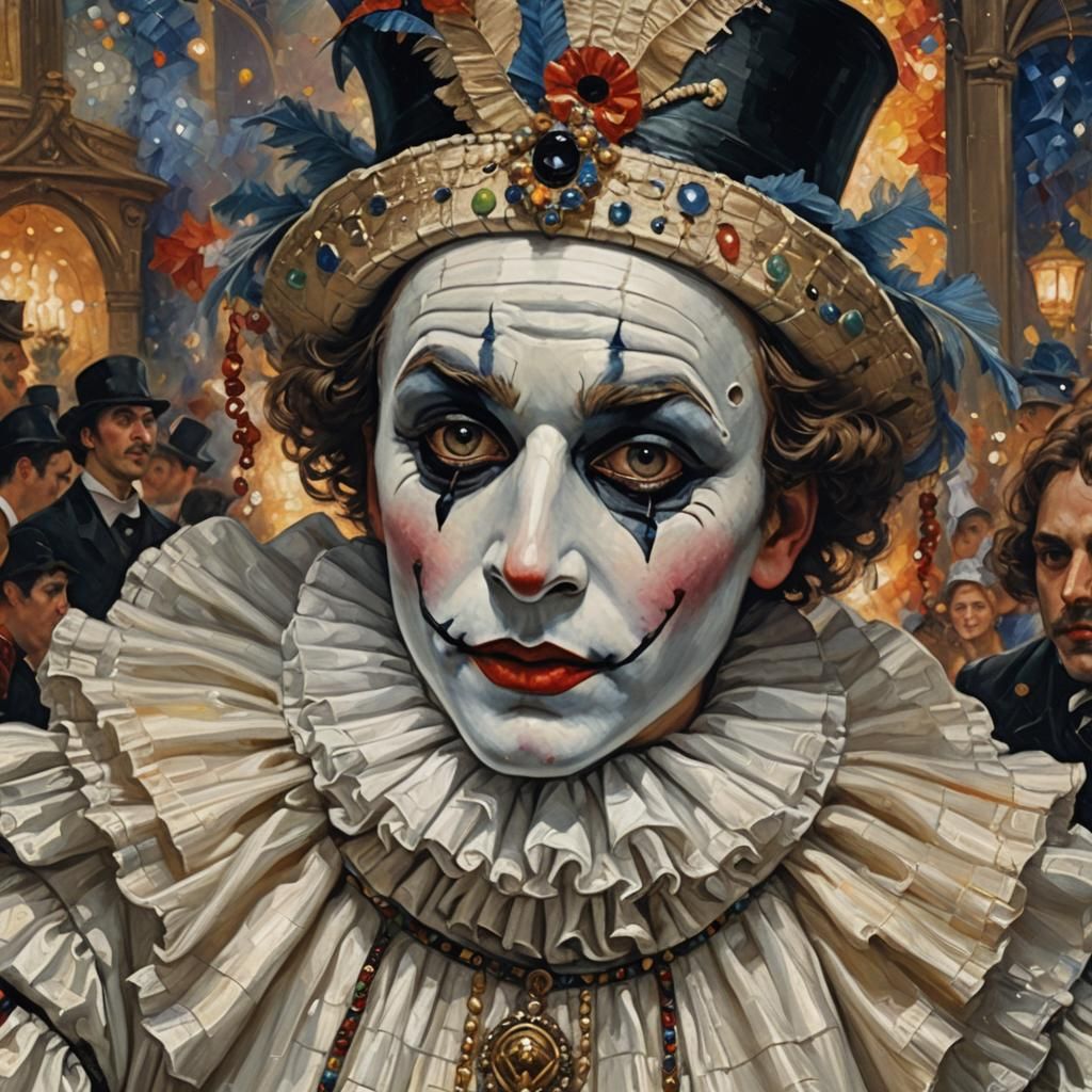 Pierrot at Masquerade Ball in Pointillist Oil Painting