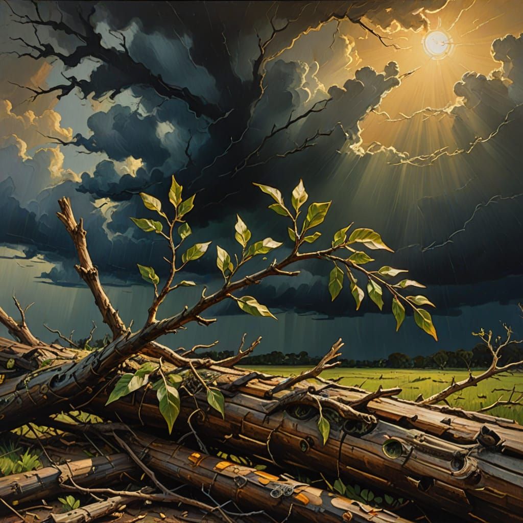 Dramatic Oil Painting of Branch Breaking in Stormy Light