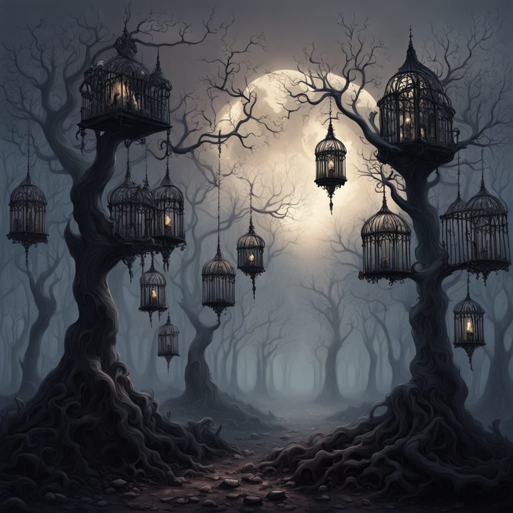 Surreal Bird Cages in Gloomy Forest Night
